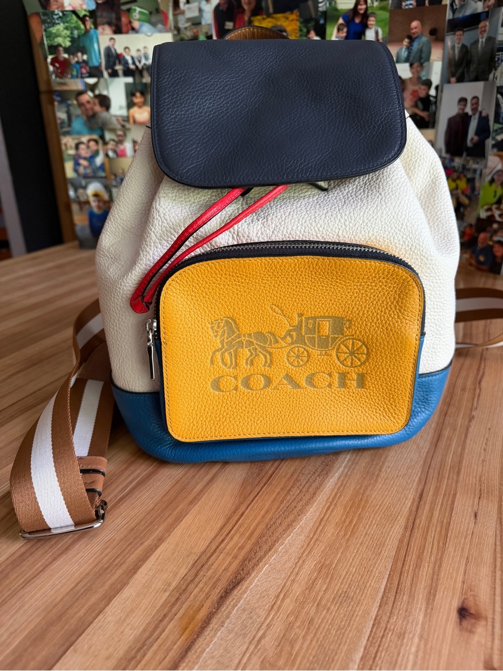 Coach Colorblock Mini Backpack in Navy, Yellow, Ivory, Blue in Leather
